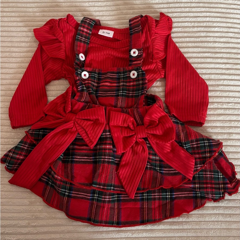 Red Plaid Bow Pinafore Dress with Ruffle Long Sleeve Top